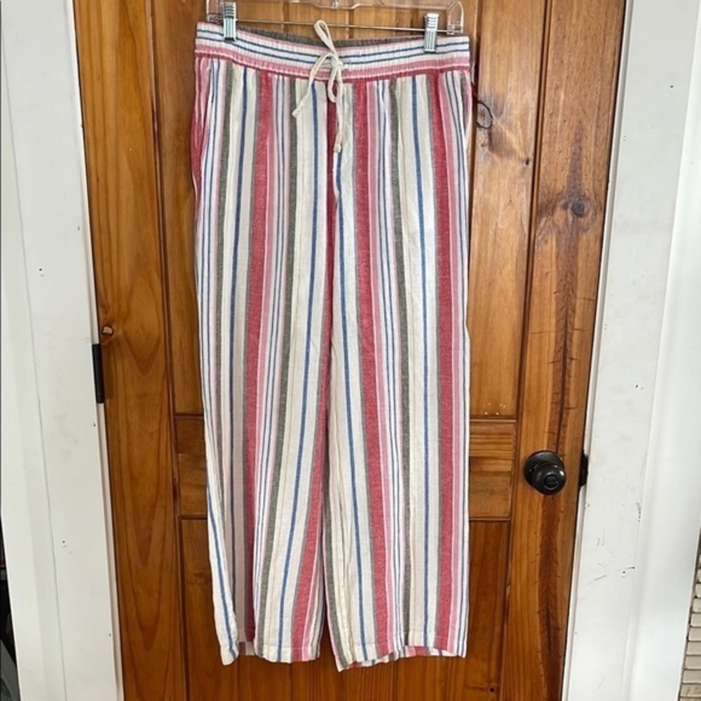 Old Navy Striped Cropped Linen Pull On Pants Small Rainbow Multicolor Drawstring